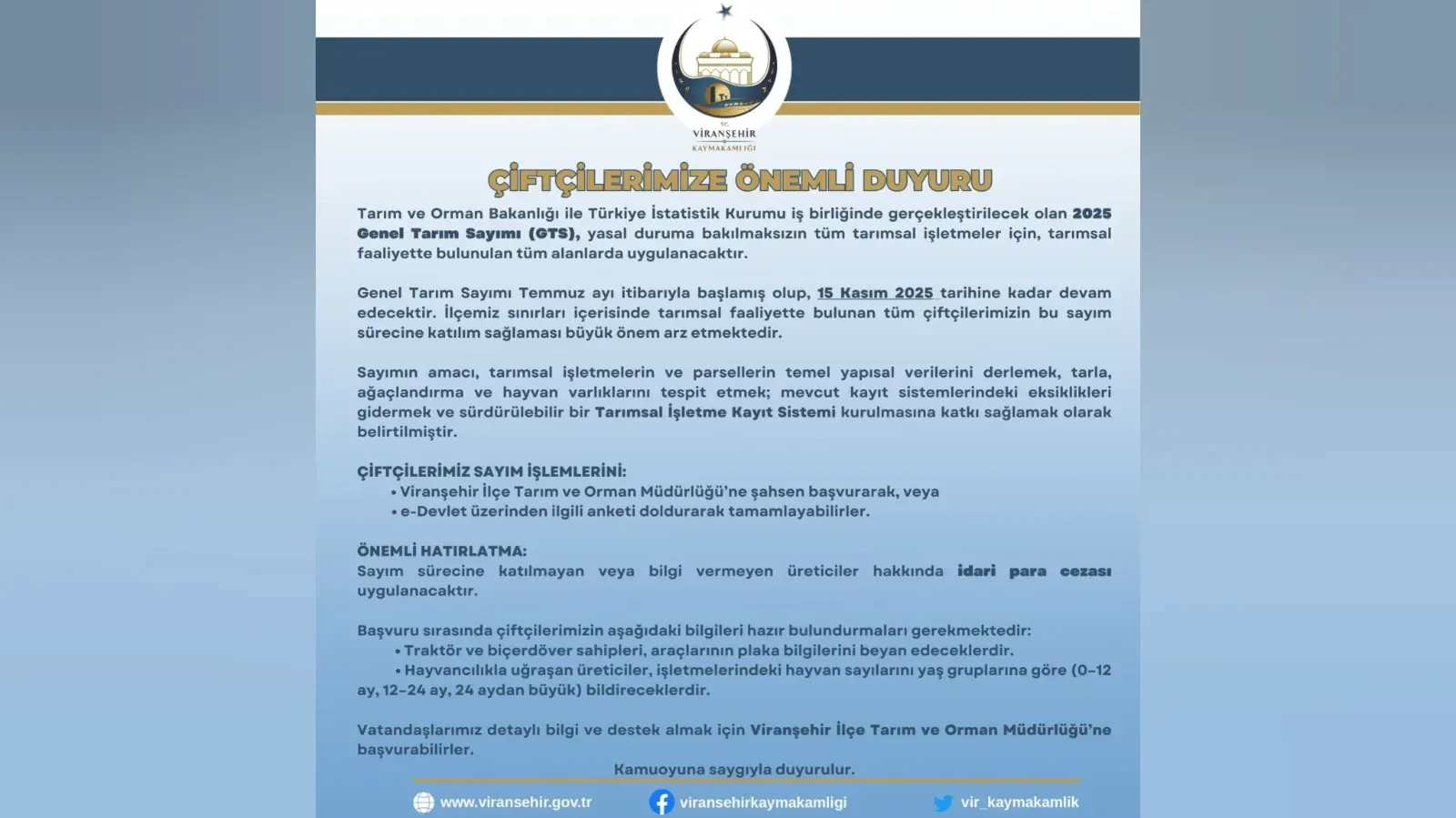 Viranşehir’de 2025 Genel Tarım Sayımı Başladı