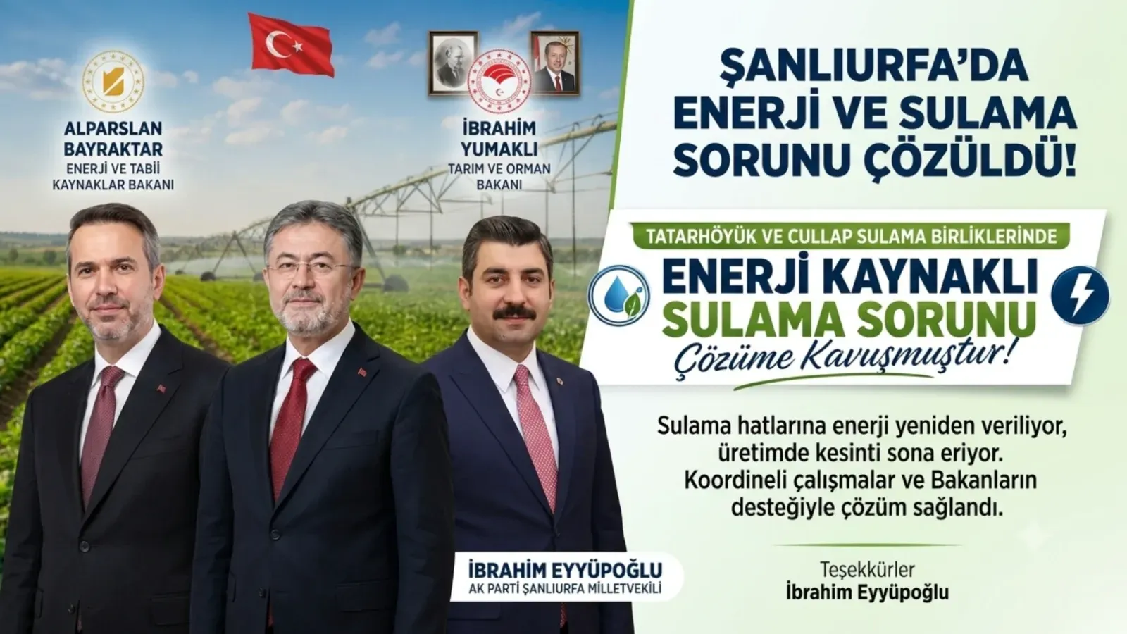 Şanlıurfa’da Tatarhöyük ve Cullap Sulama Birliklerinde Enerji Sorunu Çözüldü