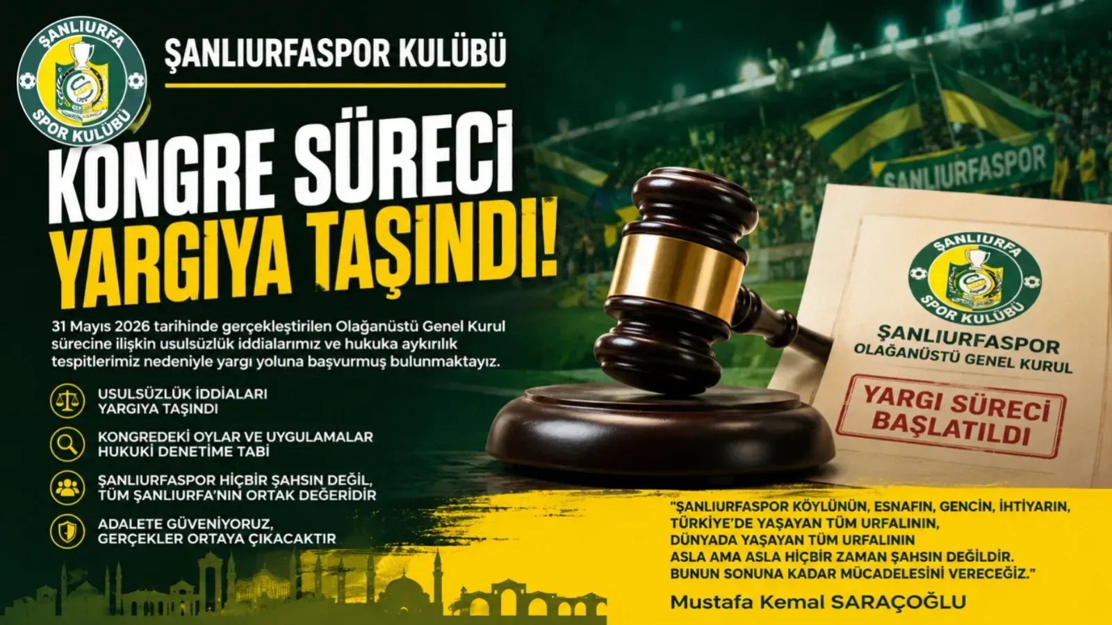 Şanlıurfaspor’da Kongre Tartışması Yargıya Taşındı: Saraçoğlu 'ndan Açıklama
