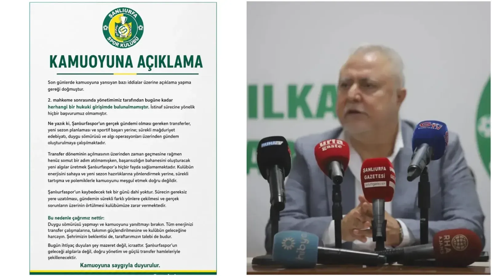 Şanlıurfaspor eski yönetiminden açıklama: İstinaf başvurumuz olmadı, algıyı bırakın, takıma odaklanın