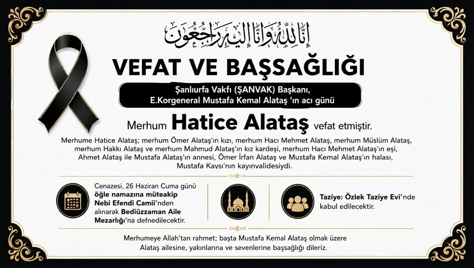 ŞANVAK Başkanı Mustafa Kemal Alataş'ın Acı Günü