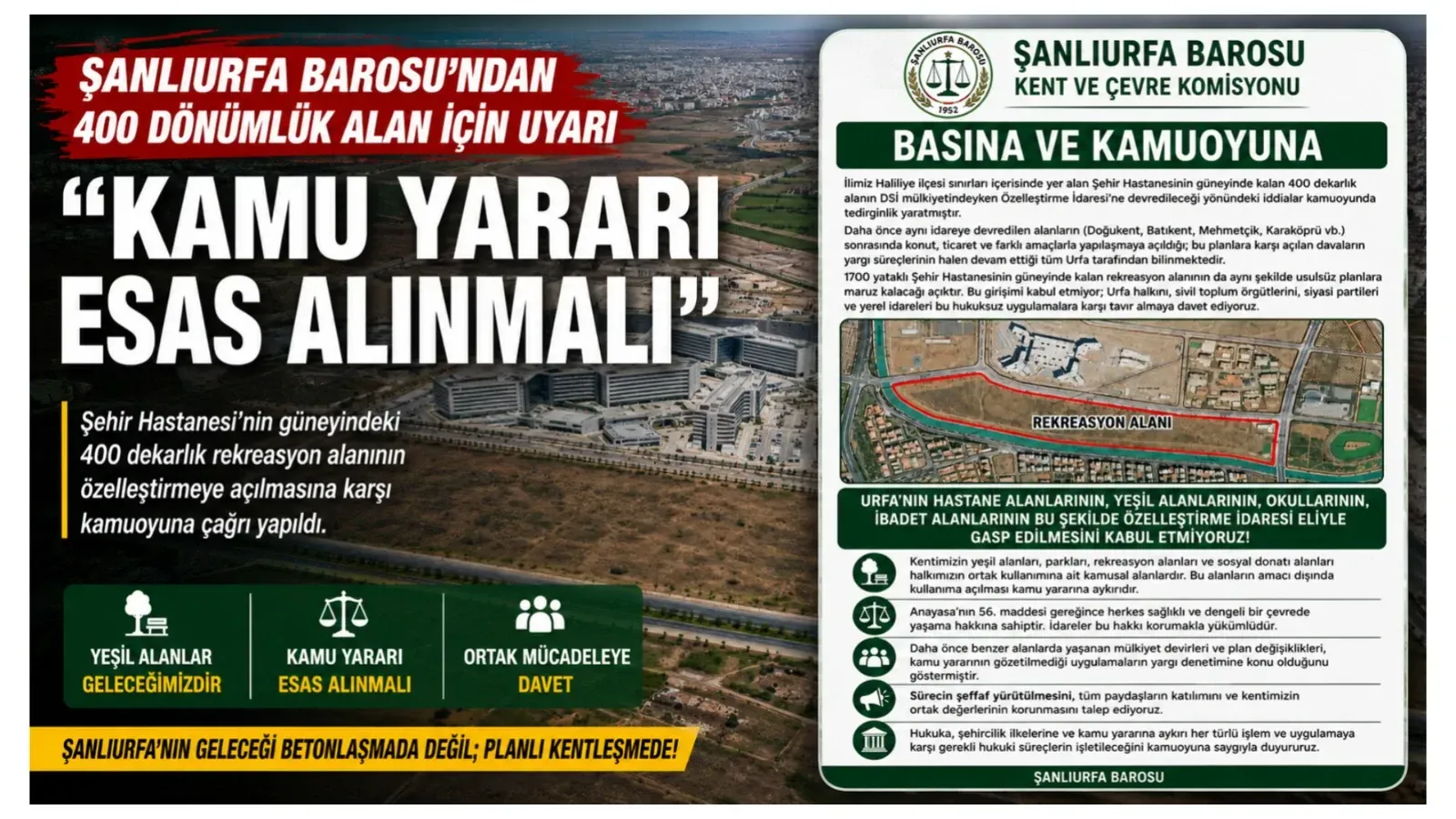 Şanlıurfa Barosu'ndan 400 Dönümlük Alan İçin Uyarı: 