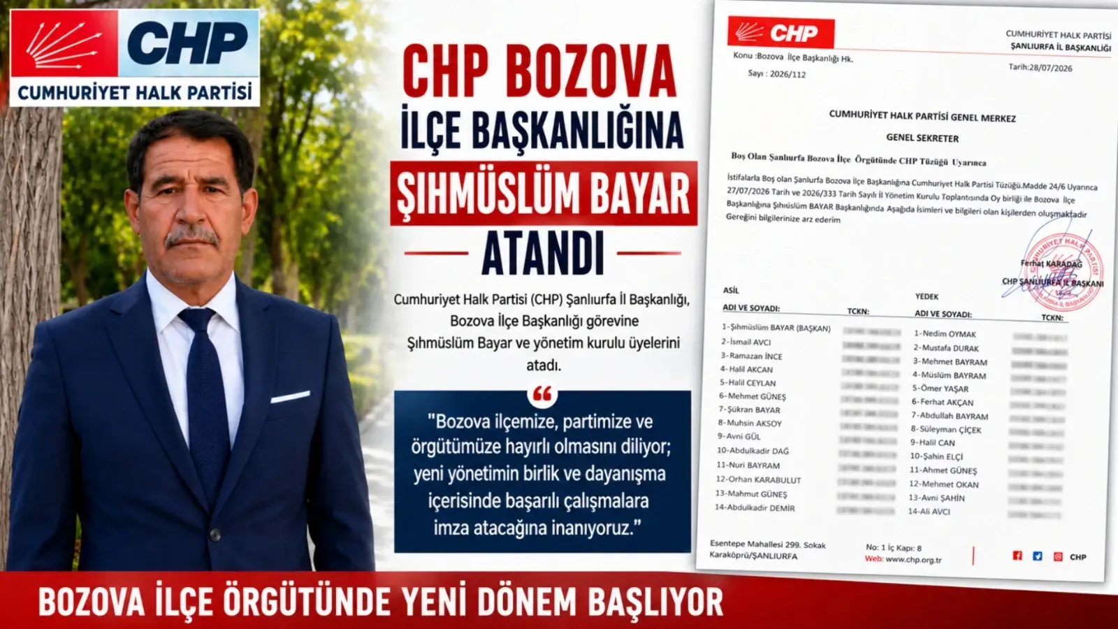 CHP Bozova İlçe Başkanlığına Şıhmüslüm Bayar Atandı: Yeni Yönetim Belli Oldu